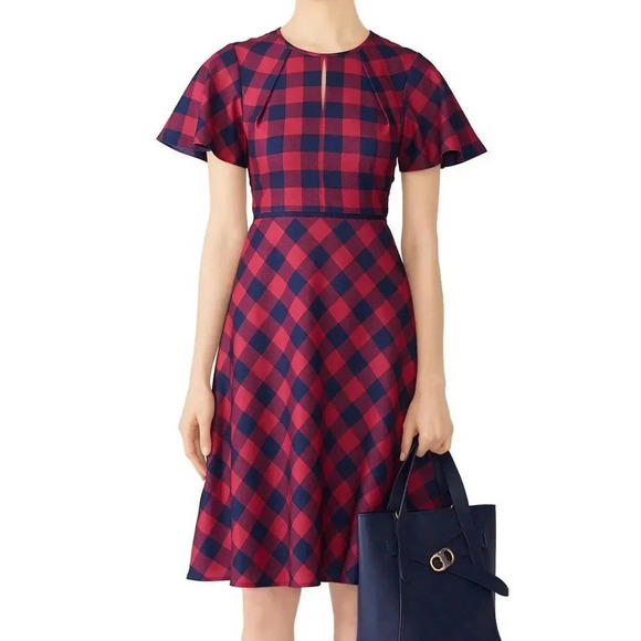 Draper James Red Buffalo Check Retro Flare Midi Dress 2 - Picture 1 of 6